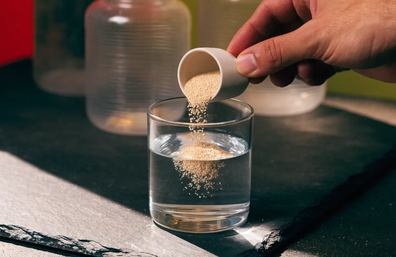 A hand holding granulated multivitamin powder above a linen tray in a dark studio