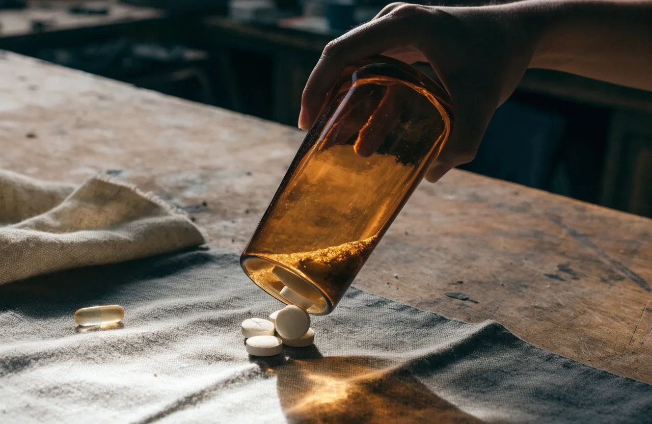 A hand tilting an unlabelled amber vessel so coated tablets roll onto dark linen