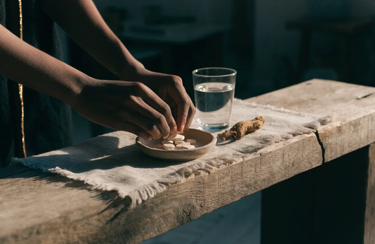Hands reviewing a blank unbranded supplement plate over a linen swatch in the NusaVita studio