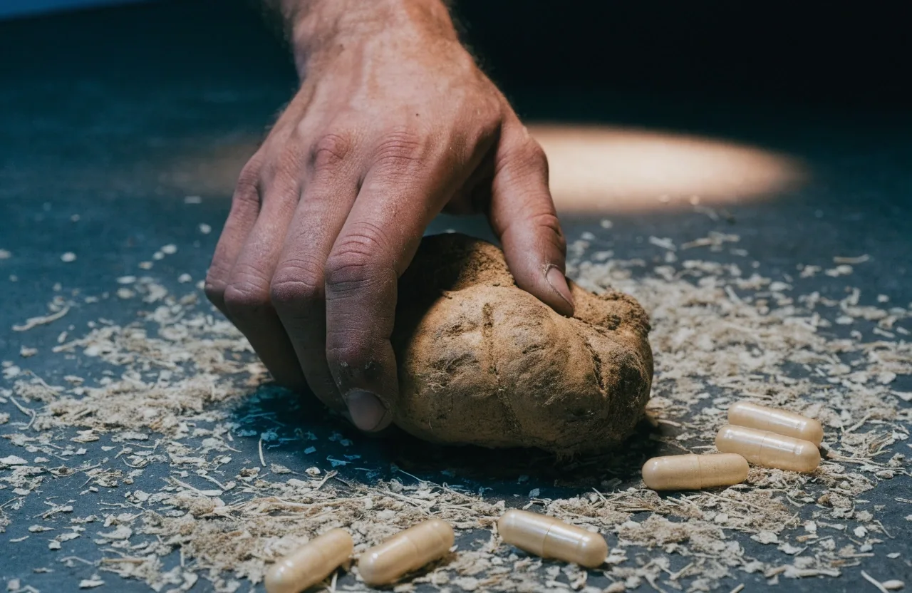 A botanical root on dark cloth beside a plain capsule