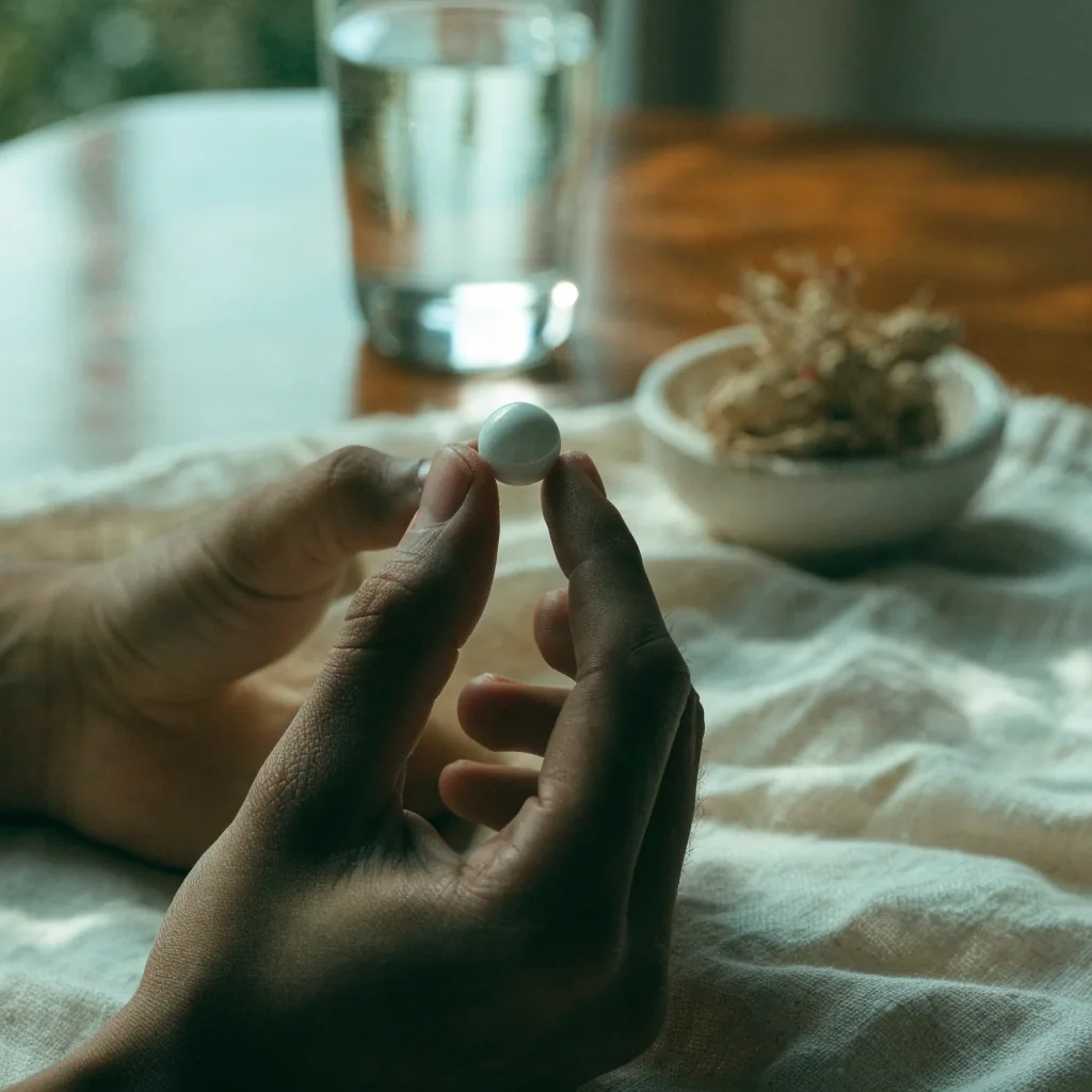 Fingers holding a plain white capsule above linen