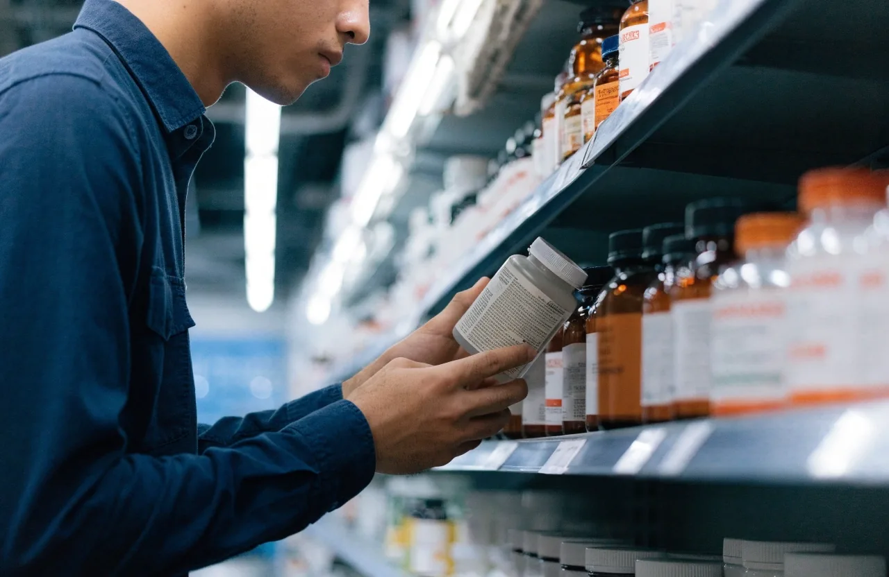 Man checking the back of a supplement bottle in a pharmacy aisle