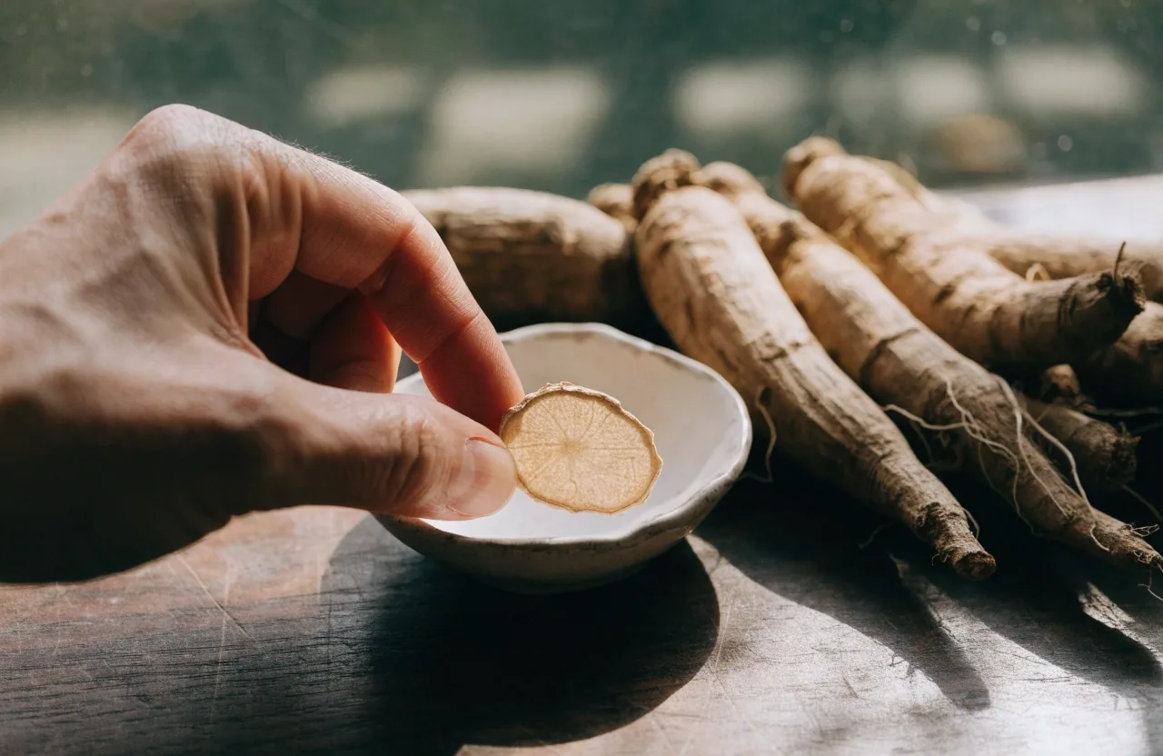 Porcelain dish of dried ginseng root slices on linen