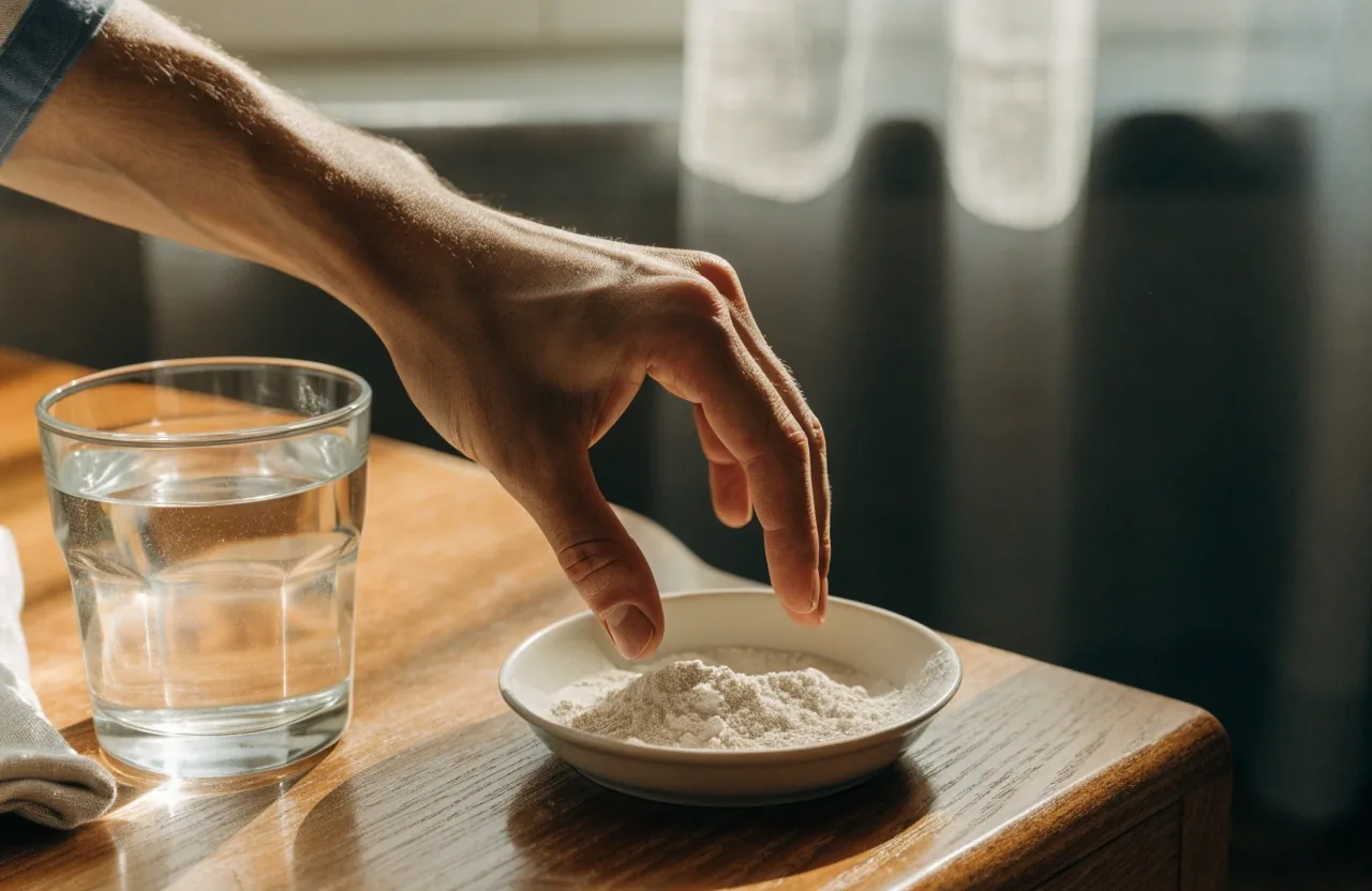 A hand holding a plain unbranded supplement plate under a single warm lamp over folded linen