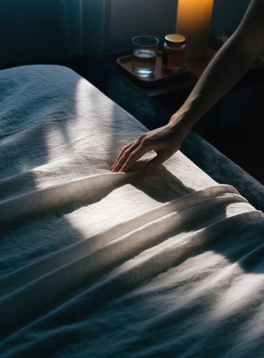 A folded pillow and throw on a dark linen bed plane