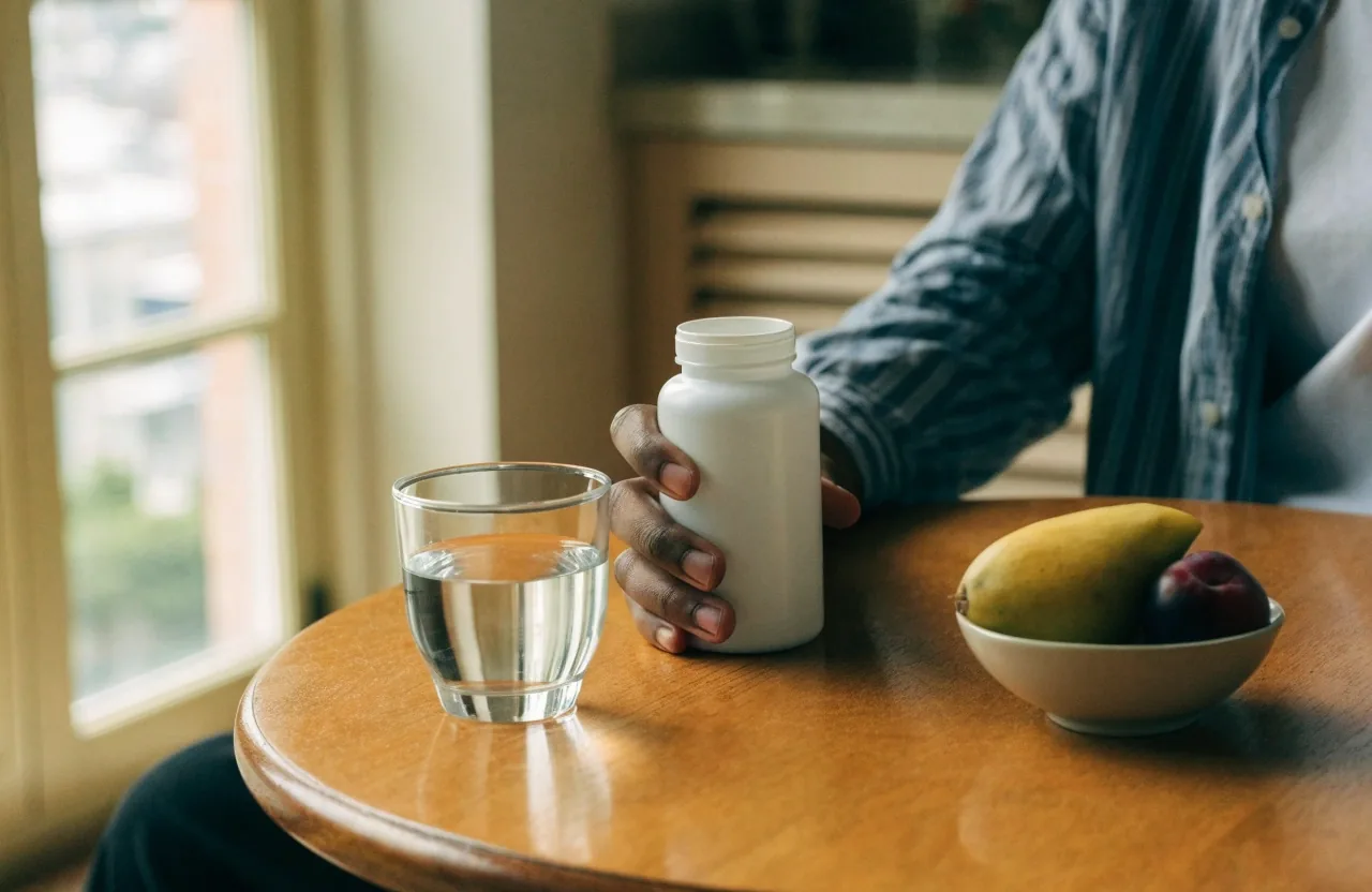 A plain unbranded supplement bottle and one capsule on a folded linen plate under warm lamp light