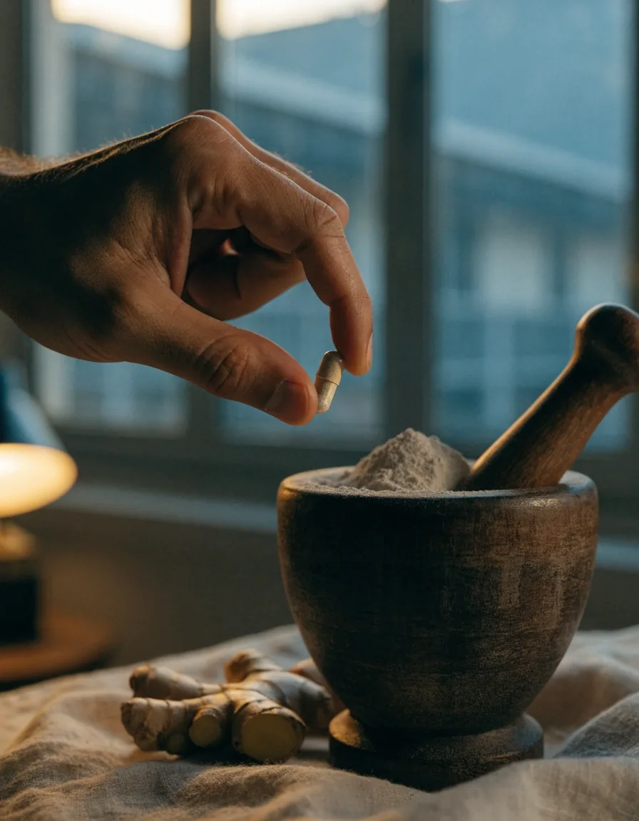 A hand rolling a plain botanical capsule between fingers under a lamp