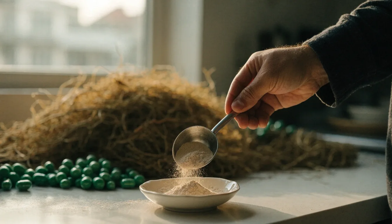 A low side view of plain pressed botanical tablets on a bright studio surface