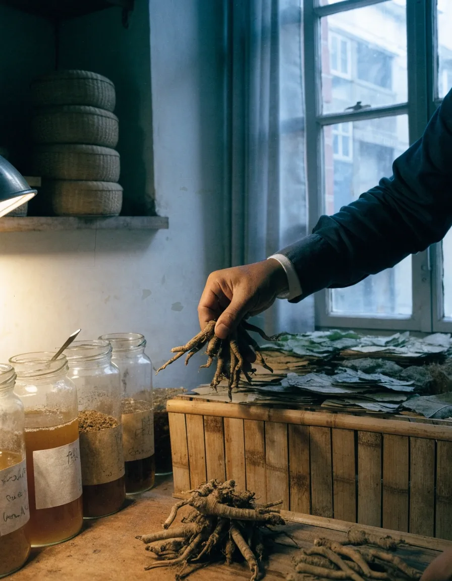 Dried whole-root botanicals spread across a shallow studio drying tray