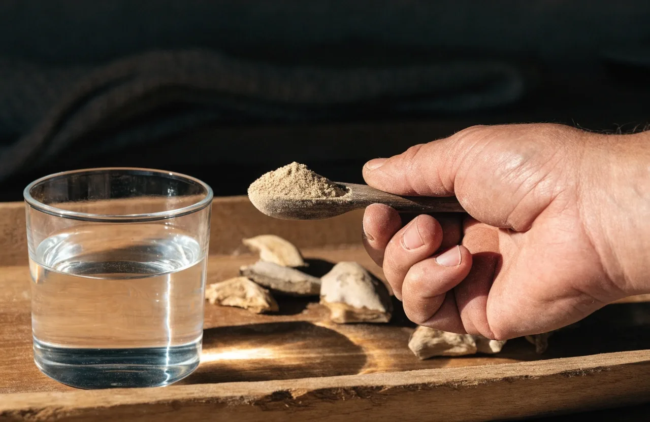 A small porcelain dish of pale tan maca root powder with dried tubers behind it