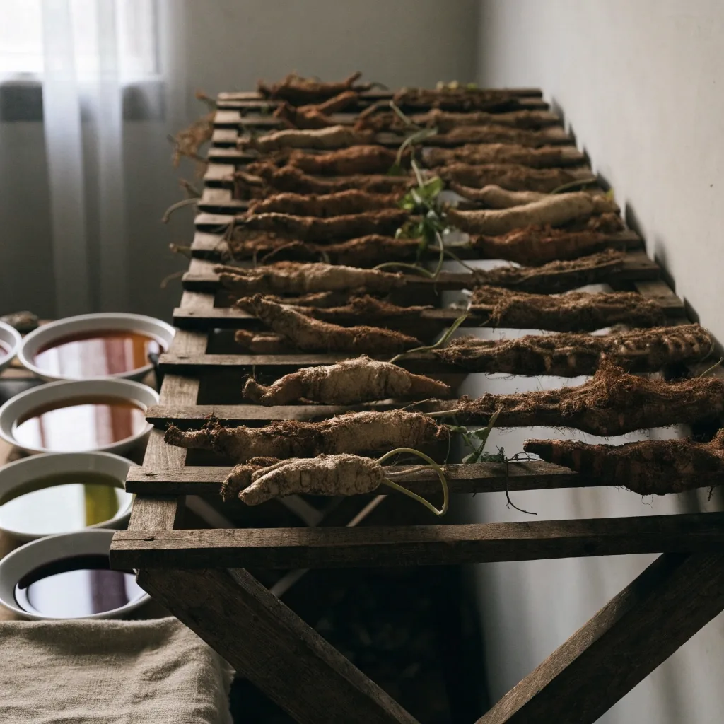 A wooden drying rack of botanical roots beside dishes of extracts and draped linen cloth