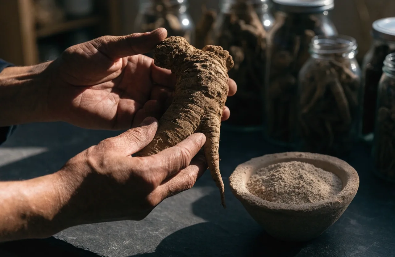 A fresh Panax ginseng root laid across folded raw linen cloth in a studio