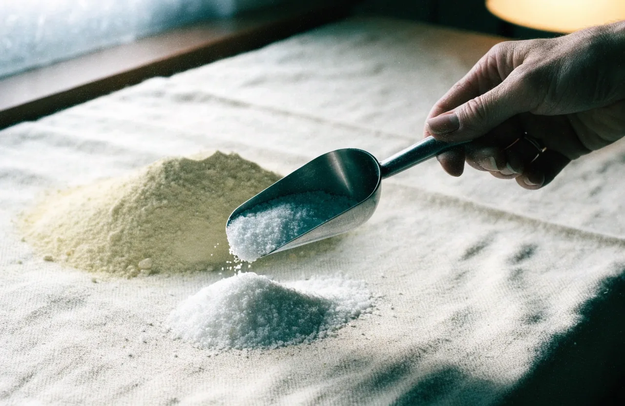 White magnesium granules beside a heap of fine zinc powder on linen cloth, textures distinct