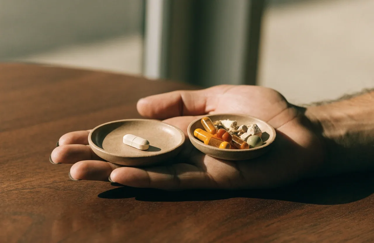 A hand rolling a botanical capsule beside a cobalt glass vessel on linen