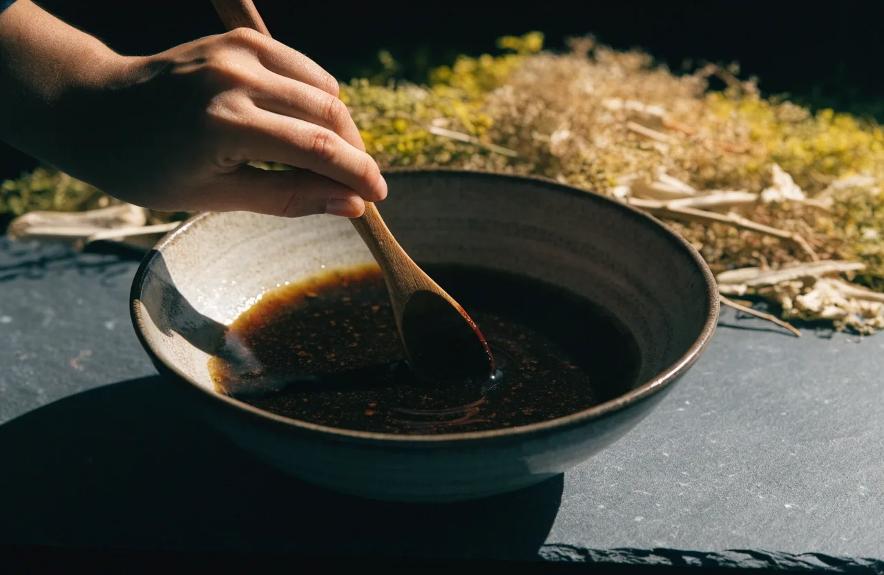 A small porcelain dish holding dark botanical extract on linen cloth