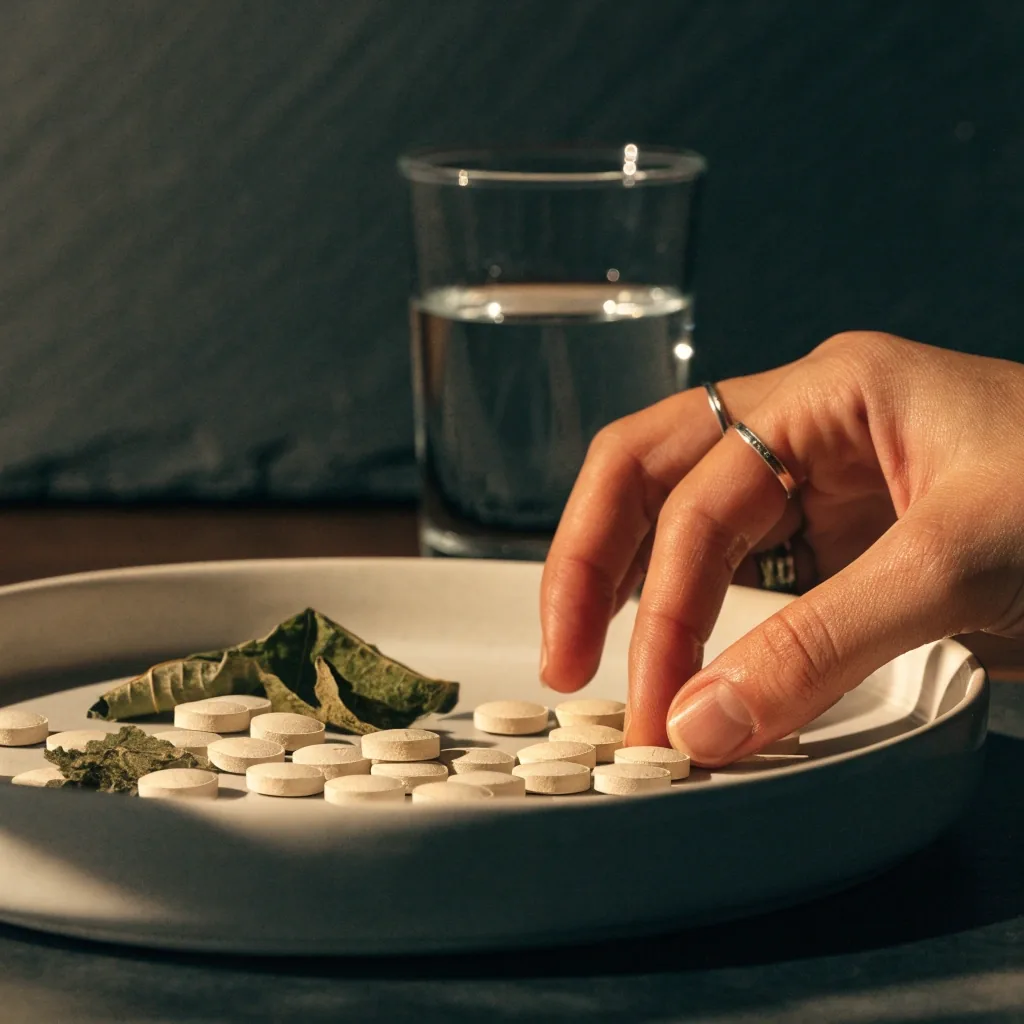 A shallow tray of botanical material on a studio bench beside blank supplement plates