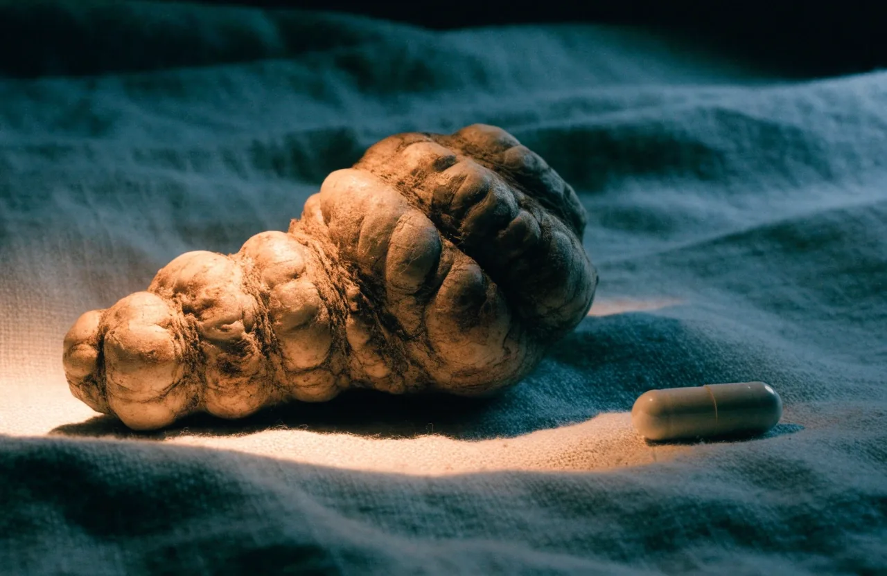 A fresh botanical root on linen cloth beside a single unbranded capsule