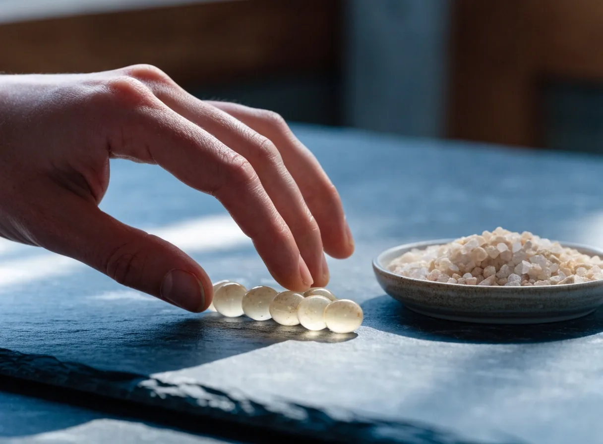 Folded linen cloth beside a single unbranded capsule on a studio bench