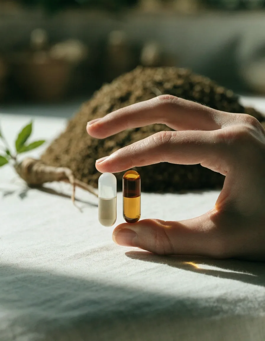 Plant-derived cellulose capsules beside a mound of dried botanical root on pale linen