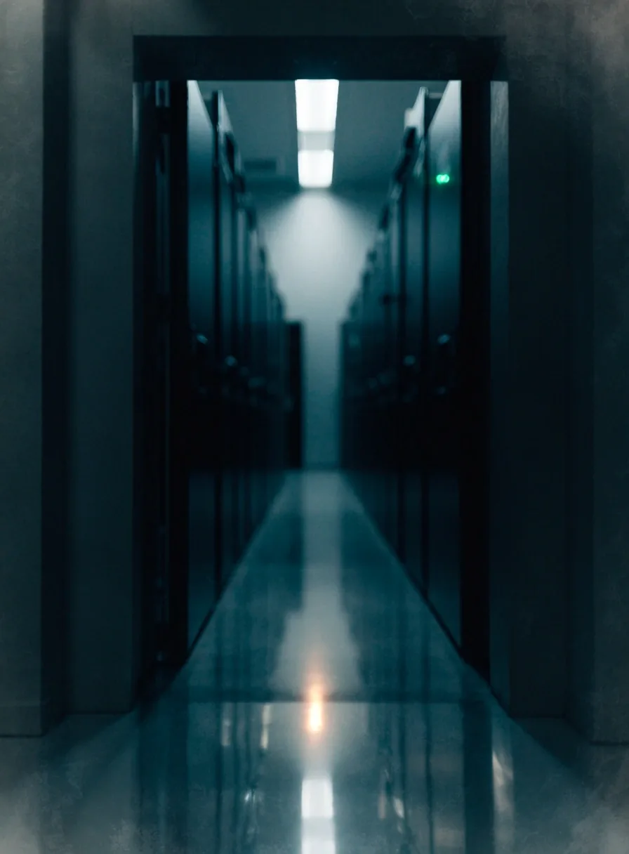 A quiet server aisle behind a doorway, representing where technical logs are stored